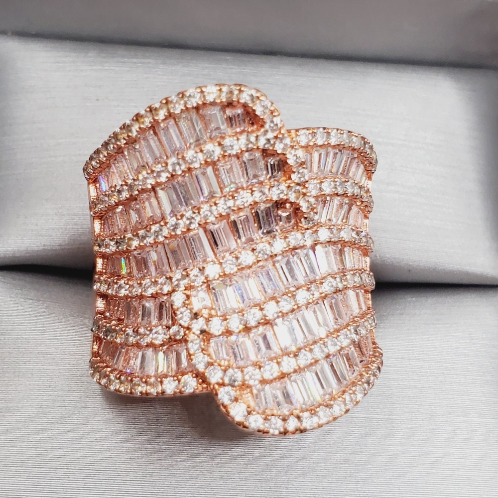 Round & Baguette White Diamond Simulants Rose Gold - 925 Sterling Silver Ring - Picture 6 of 6